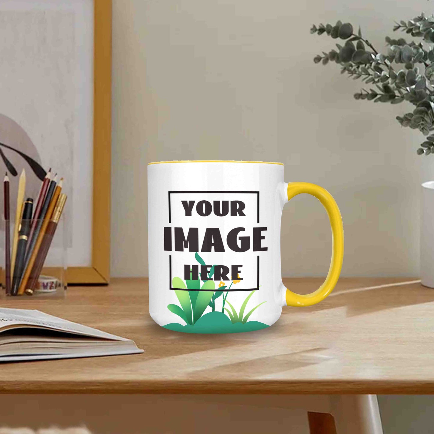 The 11oz custom mugs are made by choosing your favourite pictures and words.