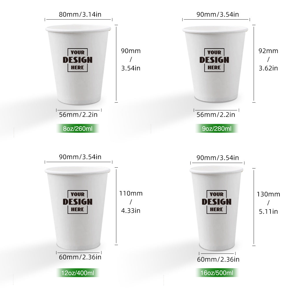 Our this custom paper cup is 16oz, size is 90*60*135H.Other sizes of customised paper cups can be found in the shop.