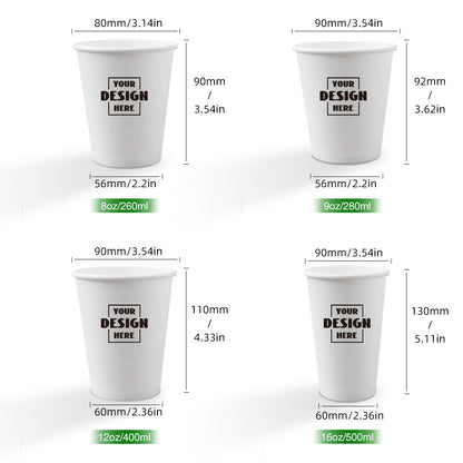 Our this custom paper cup is 12oz, size is 90*60*110H.Other sizes of customised paper cups can be found in the shop.