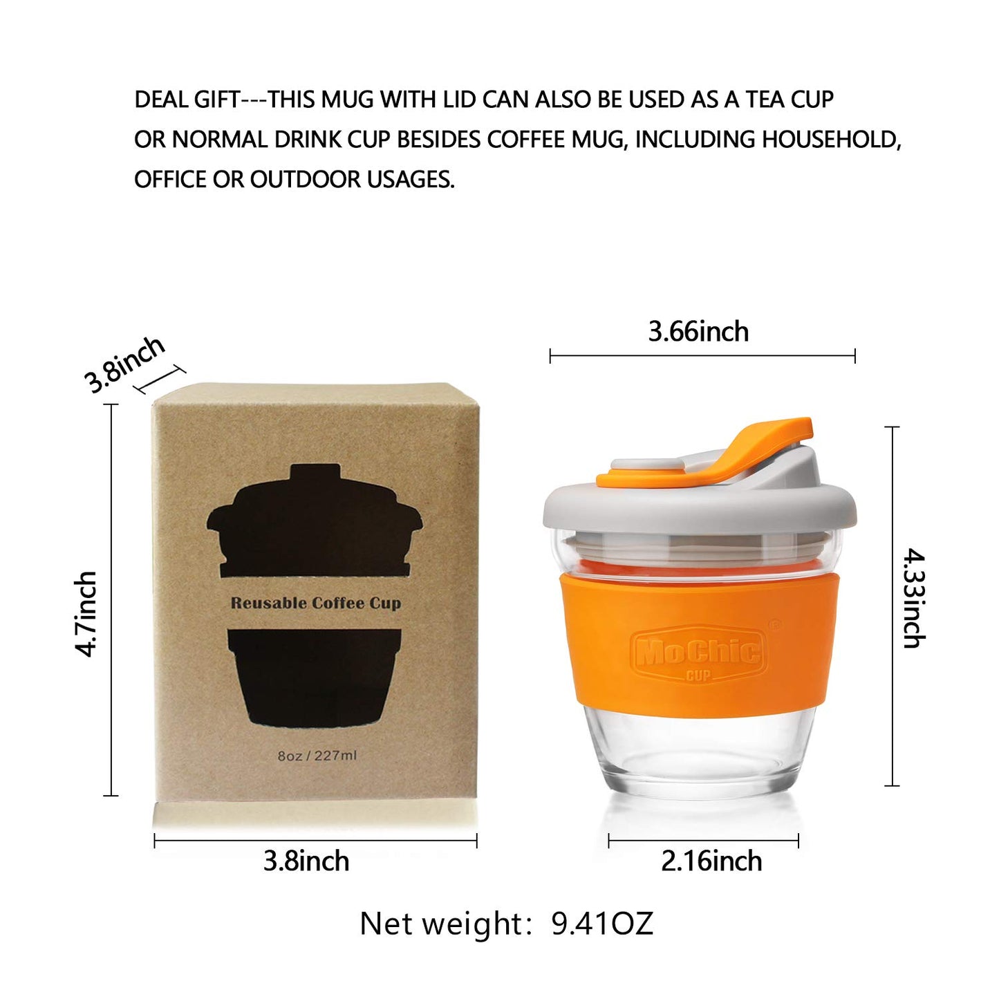 Reusable Glass Coffee Cup - Orange