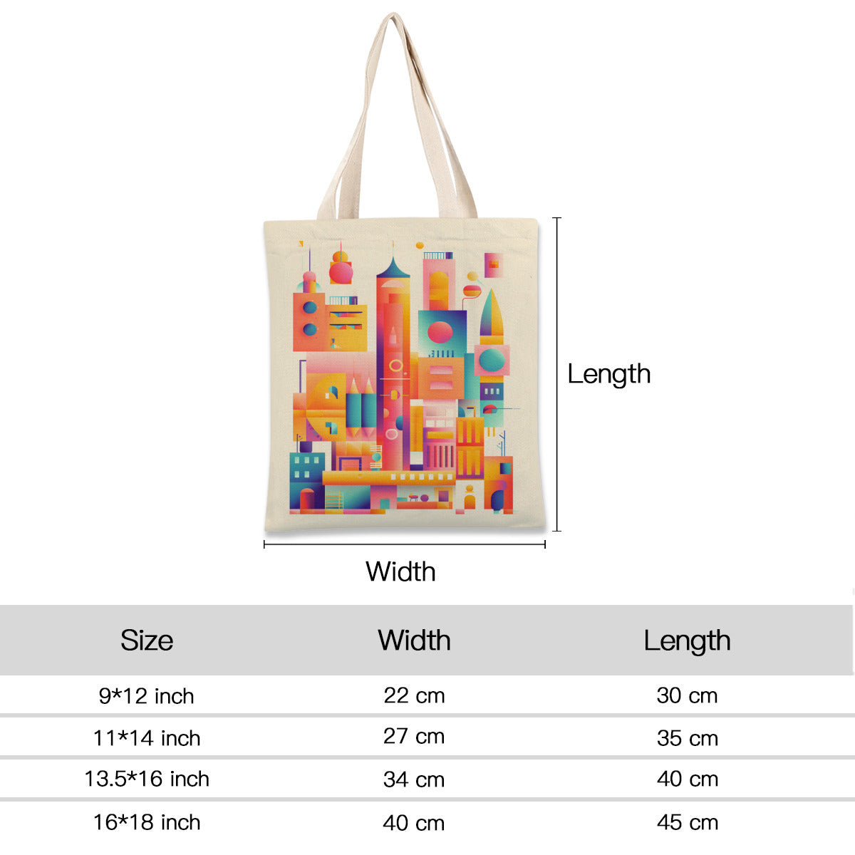 This canvas bag printed with cartoon castle has four sizes, which are 9*12 inch, 11*14 inch, 13.5*16 inch, 16*18 inch.