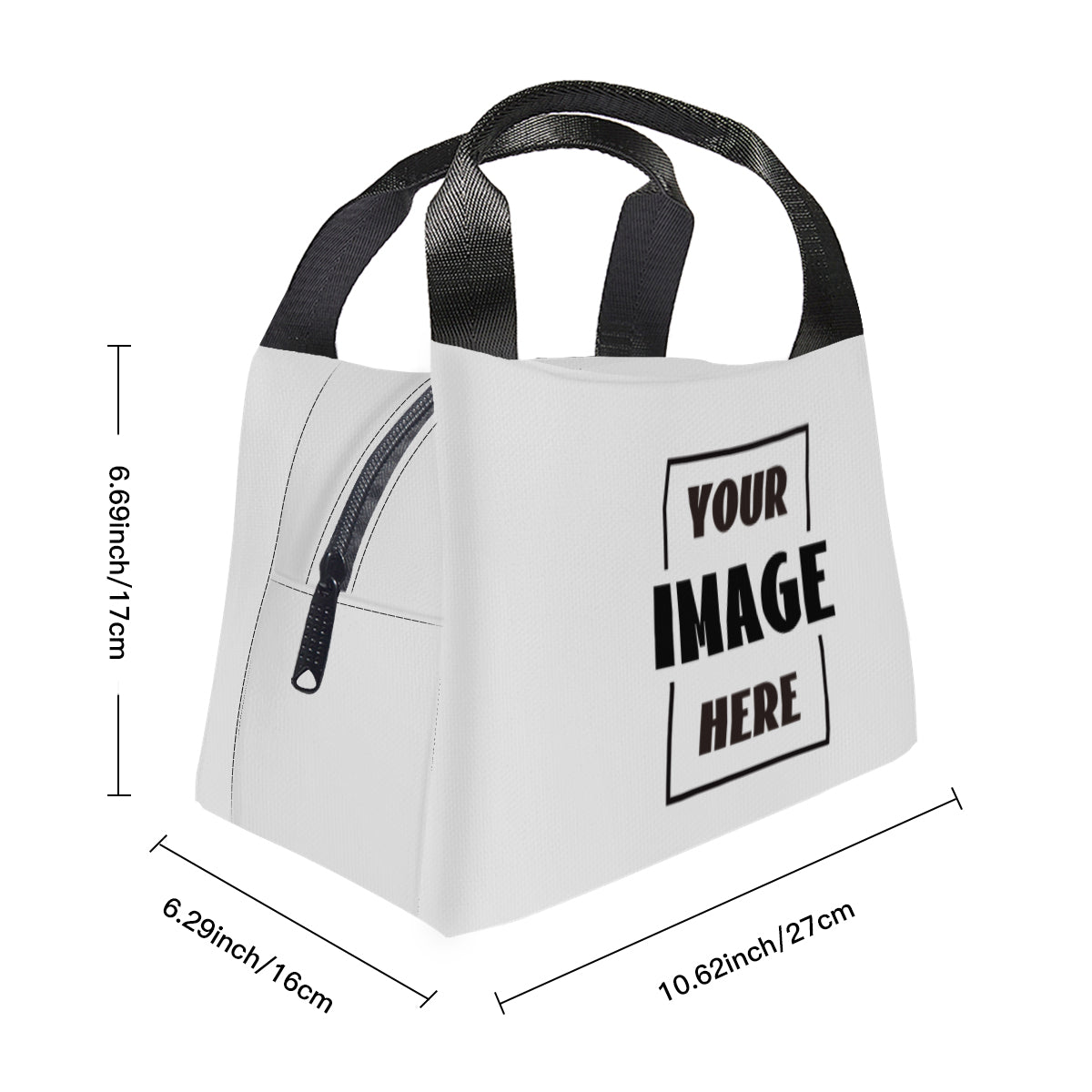 This insulated bag is 10.62 inch long, 6.29 inch wide, and 6.69 inch high.