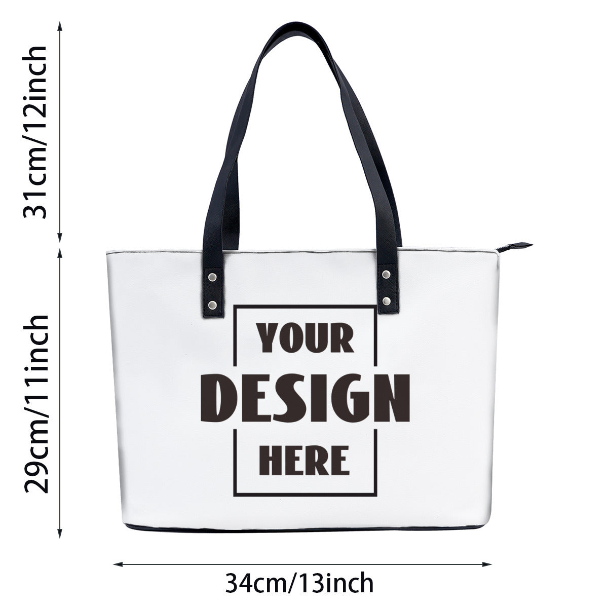 This tote bag is 13 inches long, 11 inches high, and the shoulder strap is 12 inches high.