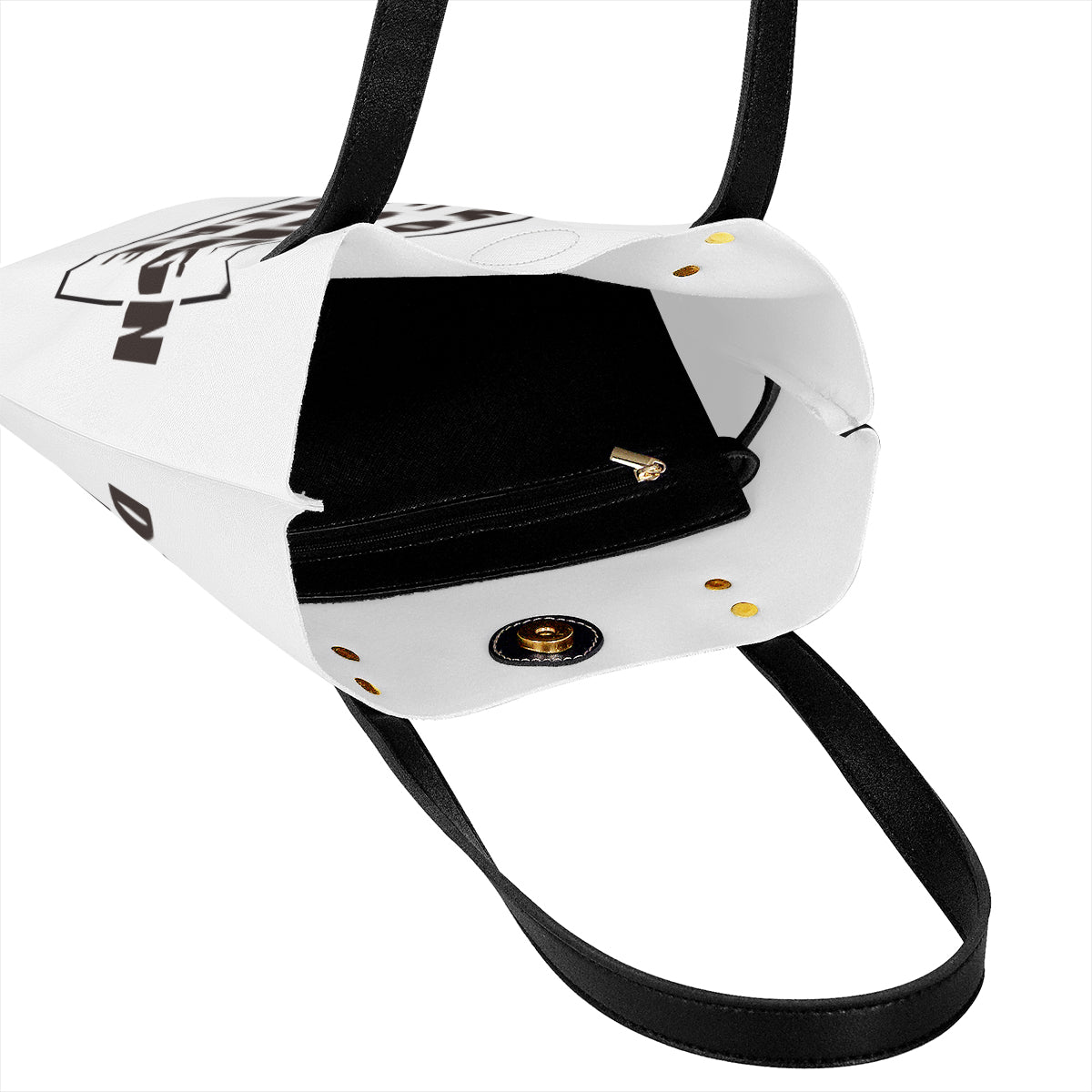 The bag has a black interior that is more resistant to dirt and has a pocket with a gold zip and a black and gold stamp on the side opening.