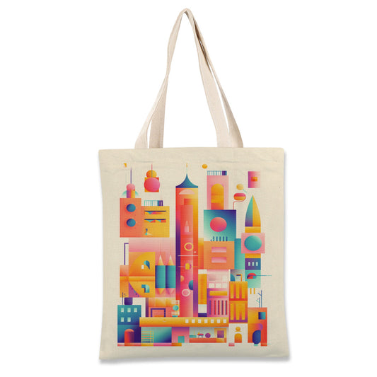 This canvas bag printed with a cartoon castle is printed on a beige canvas bag