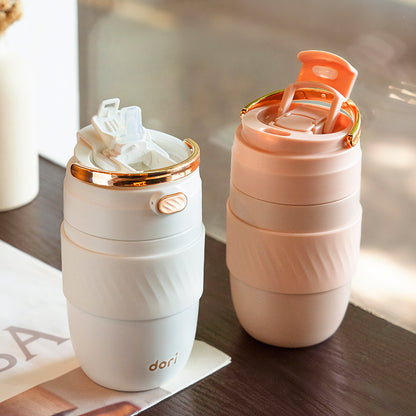 Portable Coffee Mug with Golden Tote - White